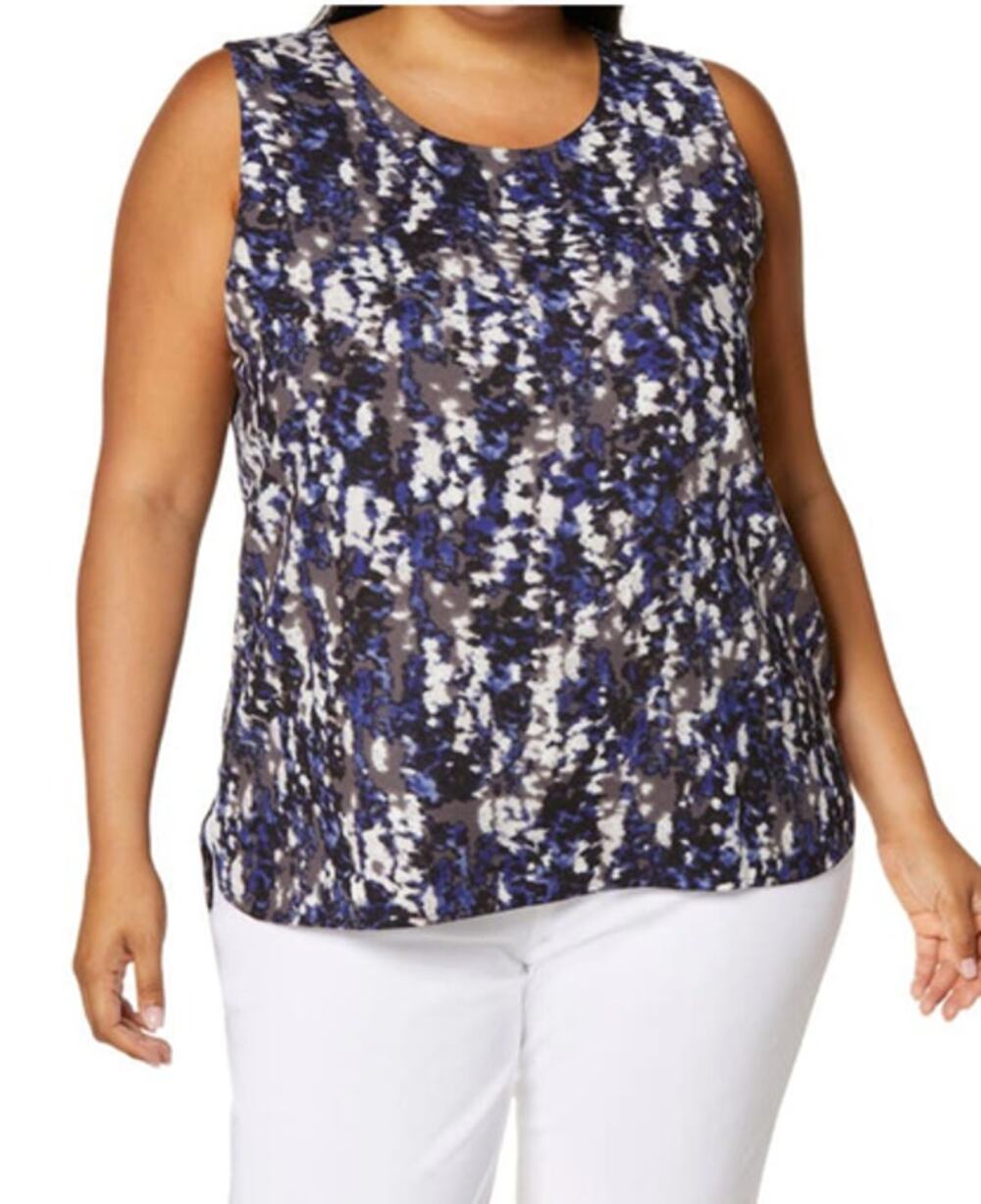 Halogen Woven Shell Grey Blue Texture Print Tank 3X NEW